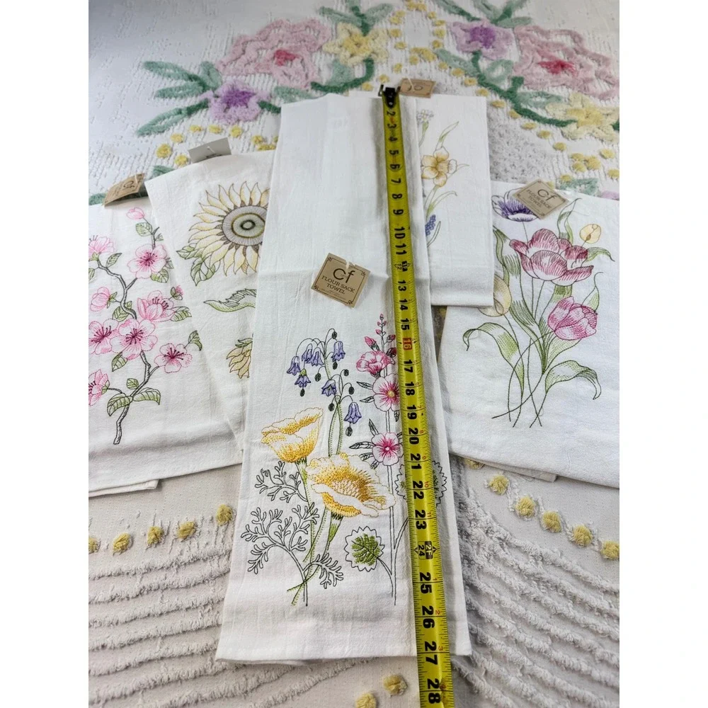 C&F Home Floral Embroidered Flour Sack Kitchen Towels Set of 5 Cotton White New